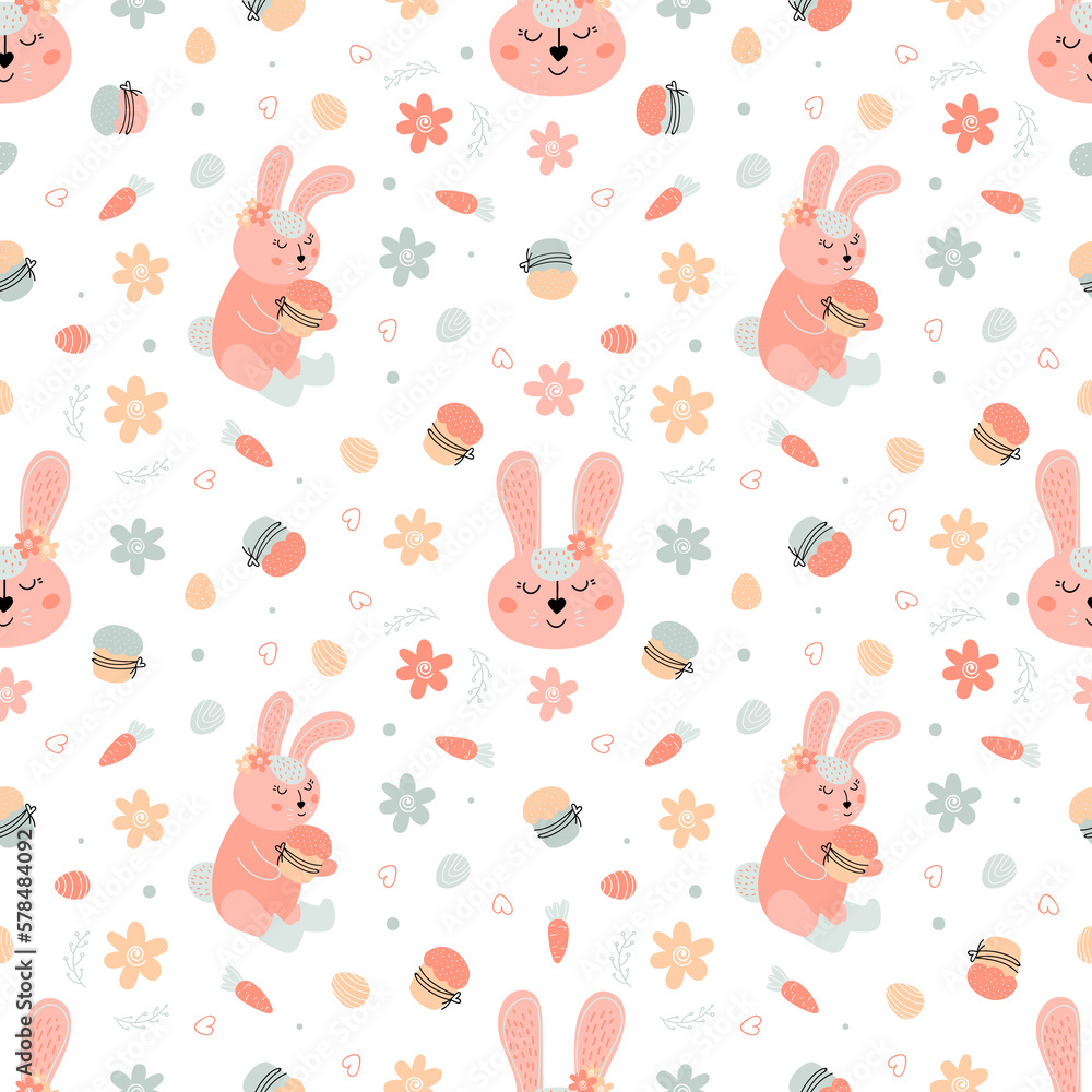 Easter festive seamless pattern with rabbits, cakes, eggs, willow Easter festive seamless pattern with rabbits, cakes, eggs, willow