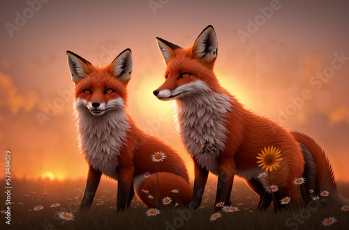 Cute fox on green lawn with daisies at sunset. Beautiful cunning animal on green grass with wild flowers  chamomiles. Generative AI.
