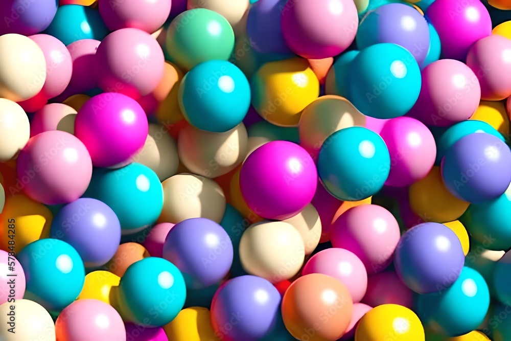 Creative Fun Concept Of Colorful Helium Balloons, Balls Surprise Flying, Party Is In The Air. Pastel Candy Balls Background. Generative AI