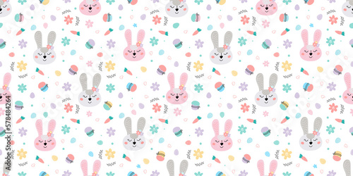 Easter festive seamless pattern with rabbits, cakes, eggs, willow