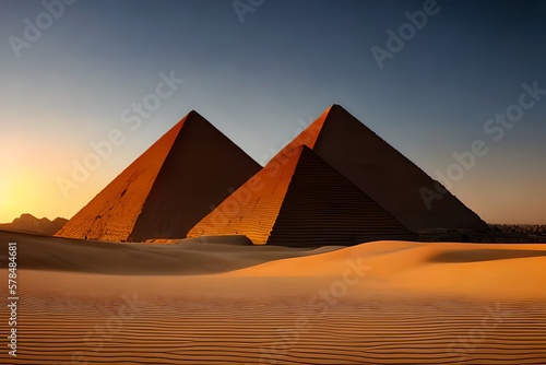 Egyptian Pyramids In Desert With Evening Sunset. Generative AI © Pixel Matrix
