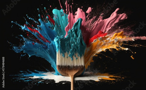 Paintbrush in a paint splash, Colored paint splashes background