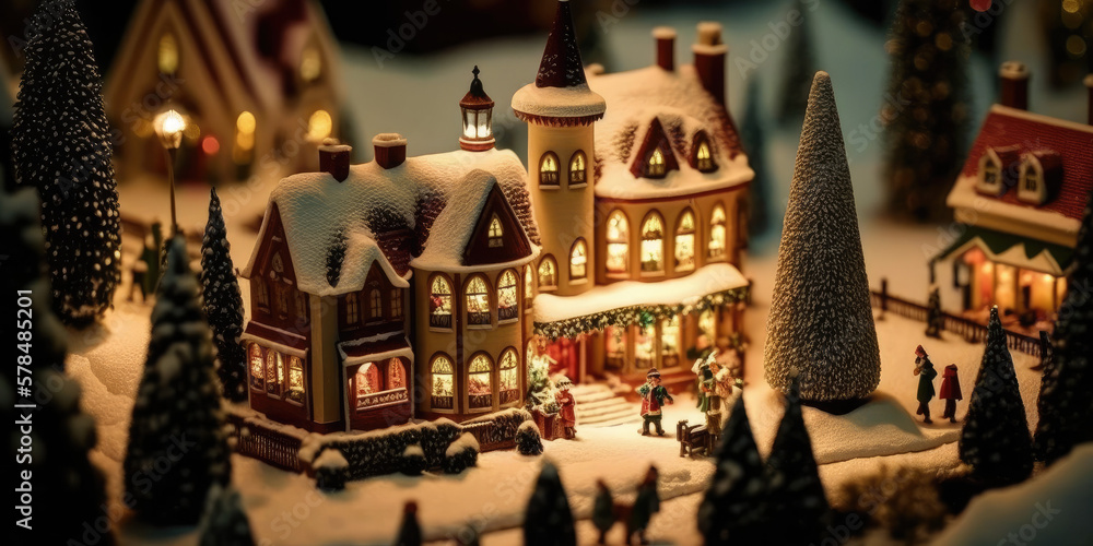 Obraz premium miniature 3d christmas village at night with lights and snow made by generative ai
