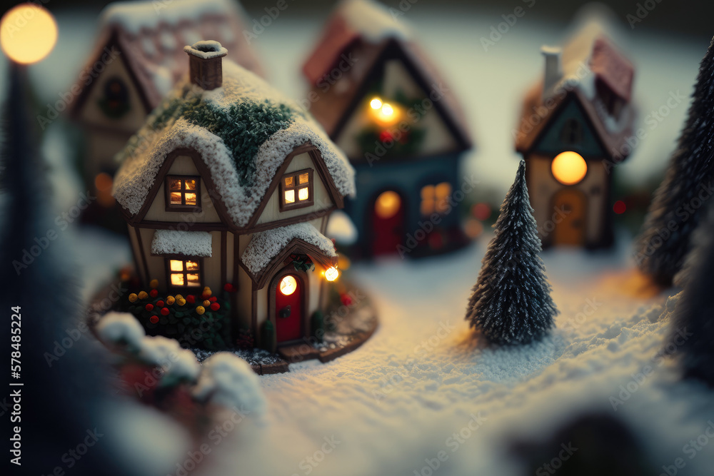 miniature 3d christmas village at night with lights and snow made by generative ai