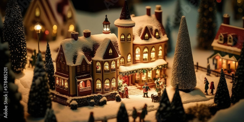 miniature 3d christmas village at night with lights and snow made by generative ai © Artificial Dream