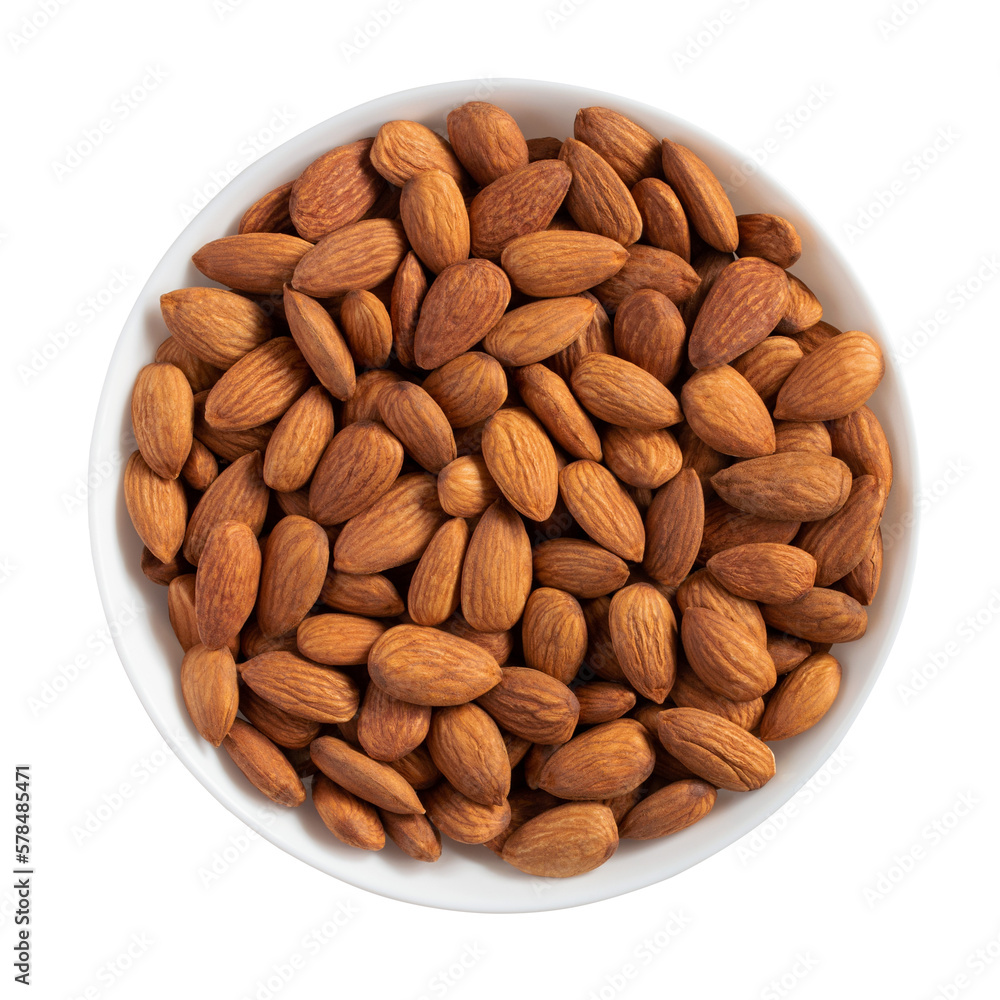 Almond nuts in a bowl isolated on white background Almond nuts in a bowl isolated on white background