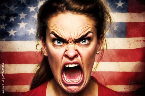 Angry mature american woman screaming. at you. Generative AI
