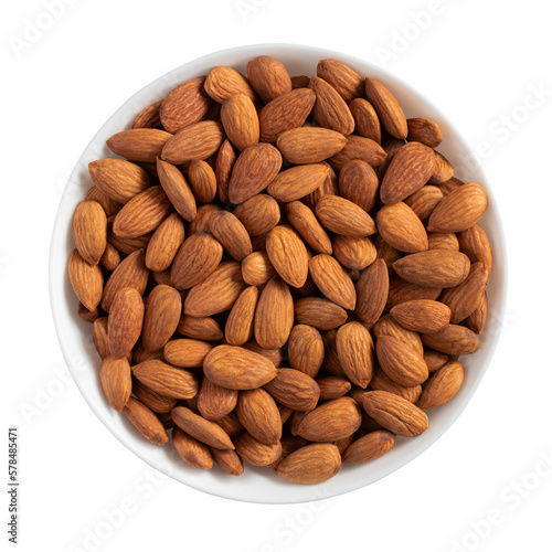 Almond nuts in a bowl isolated on white background © Iryna