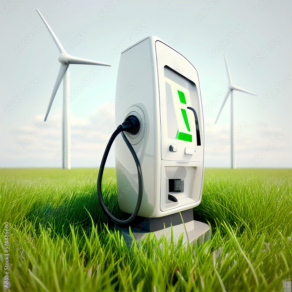 charger for electric vehicles with wind turbines in the background charger for electric vehicles with wind turbines in the background