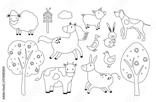 Fototapeta Naklejka Na Ścianę i Meble -  Set of domestic and farm animals and pets and trees. Thin black line art icons. Linear cartoon style illustrations isolated on white. EPS