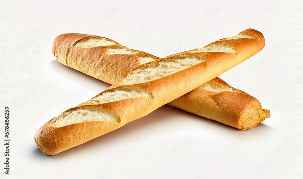 two long loaves of bread on a white surface with a white background. generative ai two long loaves of bread on a white surface with a white background. generative ai