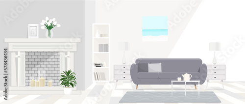White table illustration on carpet in front of grey settee in apartment interior with painting and lamp. 