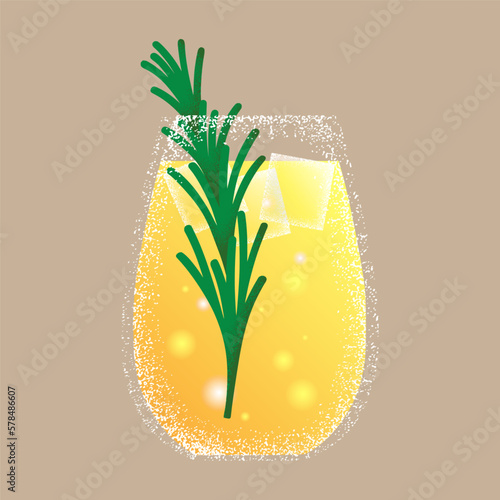 Clear lemonade glass with lemon juice. Twig of green rosemary, a yellow orange or lime drink, bubbles and textures. Refreshing summer juice drink for restaurant or bar menu. Vector flat textures