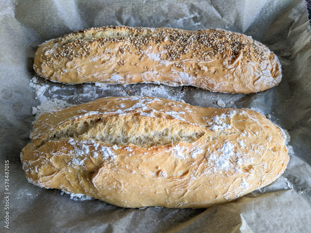 Fresh homemade bread with sesame seeds, close up