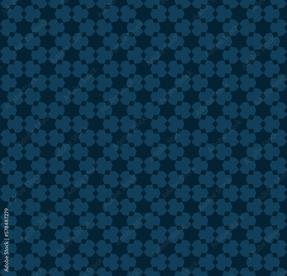 Abstract vector geometric seamless pattern. Traditional oriental ornament with small stars, hexagonal lattice, grid, floral shapes. Subtle retro vintage style background texture in dark blue color Abstract vector geometric seamless pattern. Traditional oriental ornament with small stars, hexagonal lattice, grid, floral shapes. Subtle retro vintage style background texture in dark blue color