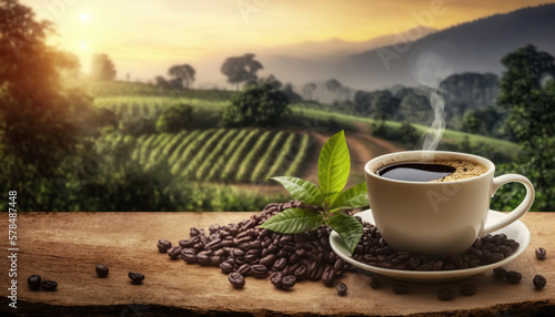 Cup of hot delicious coffee and coffee beans on background of picturesque coffee plantation. Copy space. Based on Generative AI