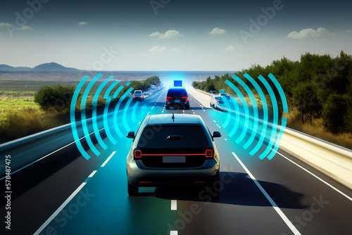Autonomous vehicle illustration, self driving car, concept of advanced futuristic technology. data. photo