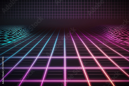 3d retro colorful neon grid background banner or header, lines and geometry.