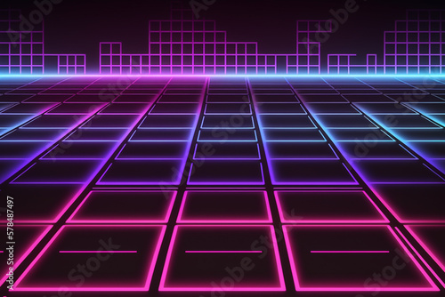 3d retro colorful neon grid background banner or header, lines and geometry.