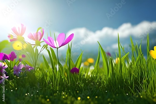 Spring Nature Banner With Grass, Flowers And Bokeh Glow In Sunny Day. Generative AI © Pixel Matrix