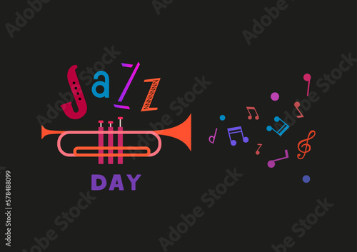 Jazz Music Day hand drawn flat colorful vector. Fancy lettering Jazz. Vintage musical instrument cartoon minimal design element. Music Fest event advertisement flyer, banner background illustration