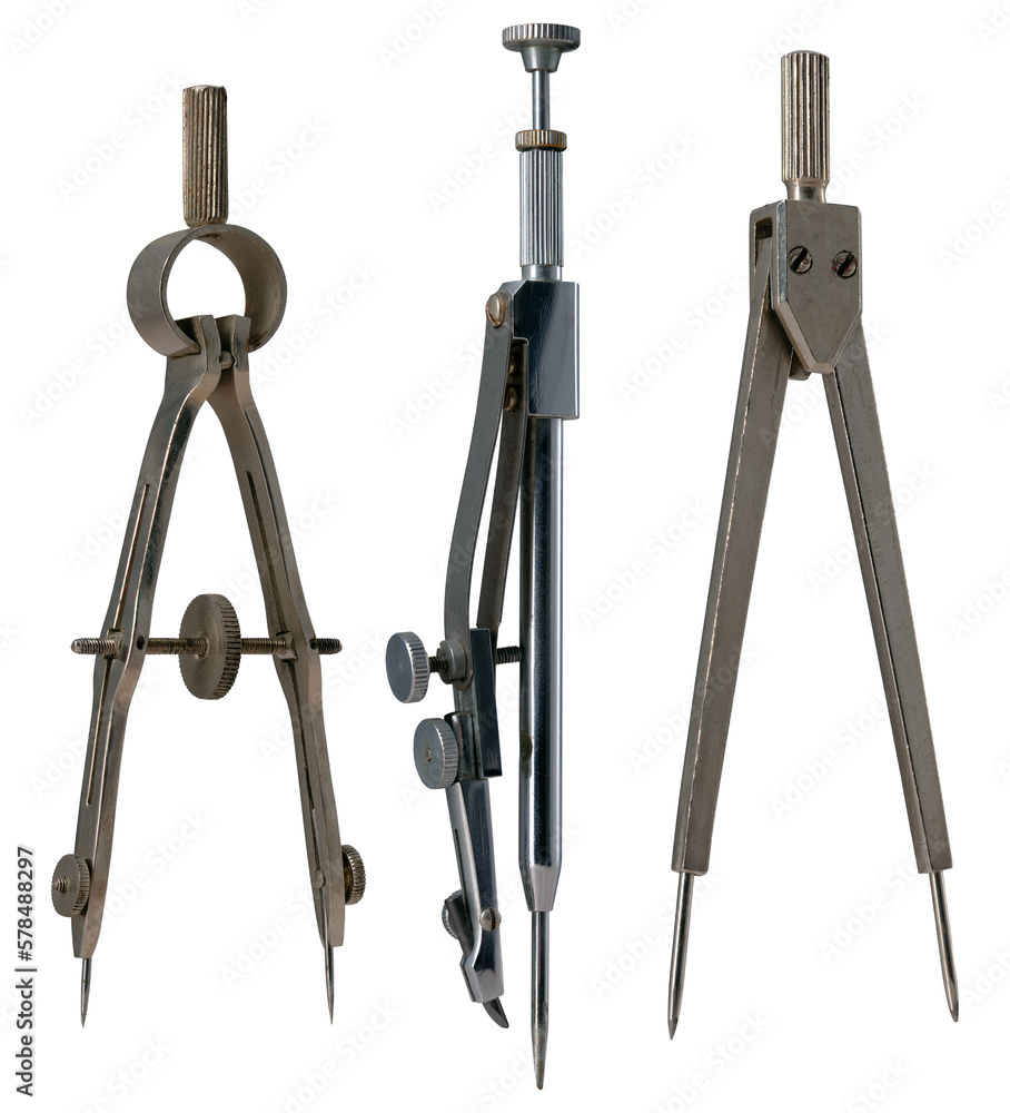 Three different types of compasses for drawing circles on paper and