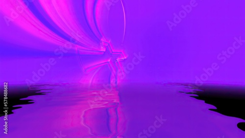 3D neon glow cross  over blue reflecting in water