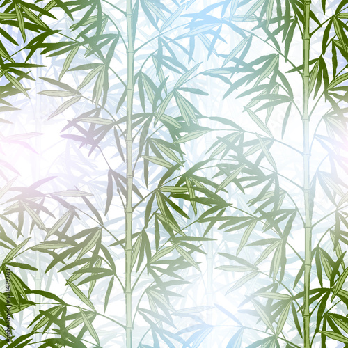 Seamless pattern background of green bamboo stem with leaves in the fog. Vector illustration