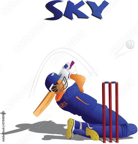 illustration of a man playing cricket in blue kit for India.