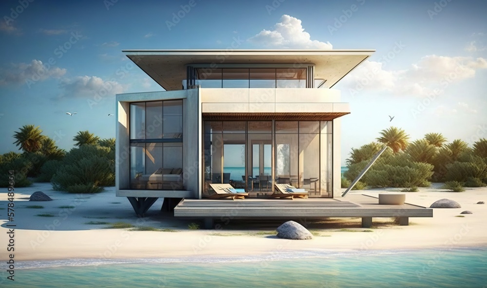 Fototapeta premium a rendering of a house on a beach with a dock. generative ai