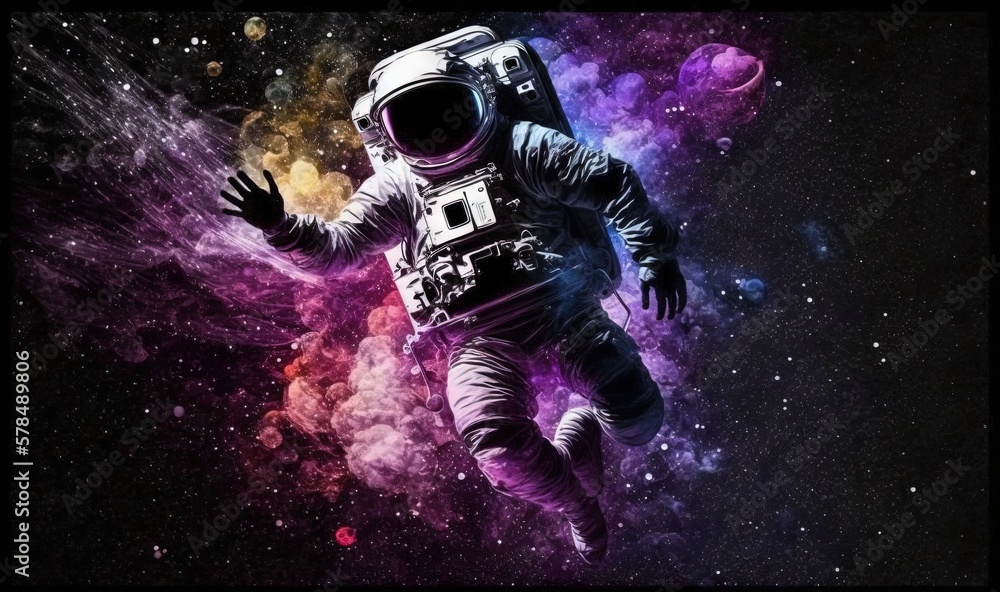 a man in an astronaut suit floating in space with his hands out to the side of the image, with a background of colorful clouds and stars. generative ai a man in an astronaut suit floating in space with his hands out to the side of the image, with a background of colorful clouds and stars. generative ai