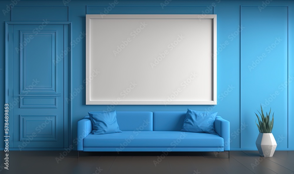 a living room with a blue couch and a large mirror on the wall above the couch is a potted plant and a white vase with a green plant. generative ai a living room with a blue couch and a large mirror on the wall above the couch is a potted plant and a white vase with a green plant. generative ai