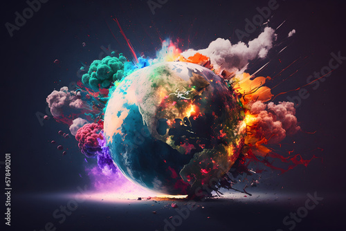 Colorful abstract earth explosion, illustration. Generative AI