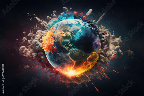 Colorful abstract earth explosion, illustration. Generative AI