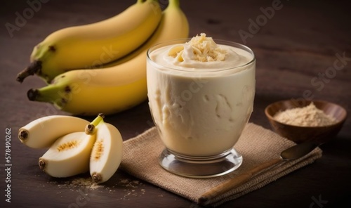  a glass of pudding next to some bananas and a spoon.  generative ai