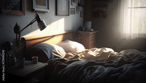 Ai generated. Room disaster the unmade bed. The interior of a room with an unmade bed after being used. The light entering through the window illuminates the bedroom wall.
