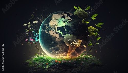 Earth Day Planet Earth surrounded by plants and flowers. Generative AI