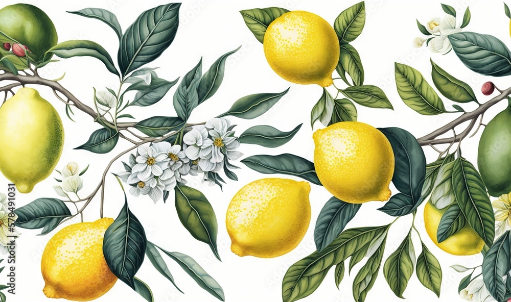  a painting of lemons and flowers on a branch with green leaves and white flowers on a white background with green leaves and white flowers.  generative ai