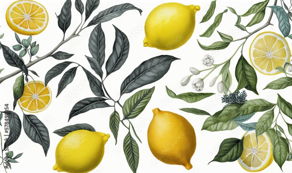 a painting of lemons and leaves on a white background with green leaves and berries on the branches of the tree, and a branch with white flowers and green leaves.  generative ai