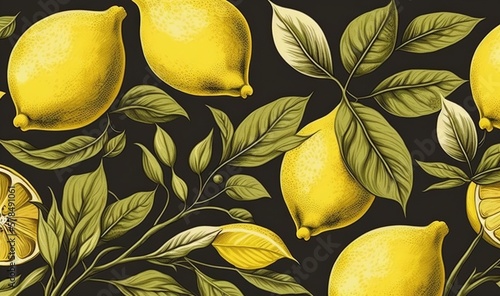  a bunch of lemons with leaves and flowers on a black background with a yellow flower on the side of the image and a green leafy branch.  generative ai photo