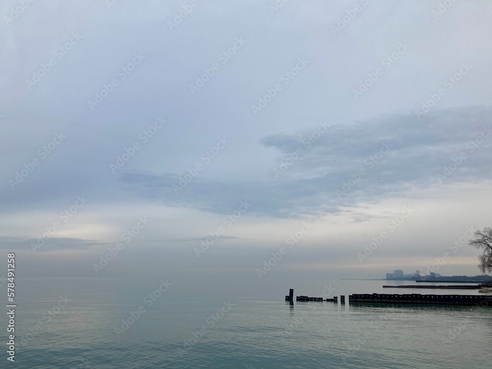 Peaceful gloomy morning on the lake