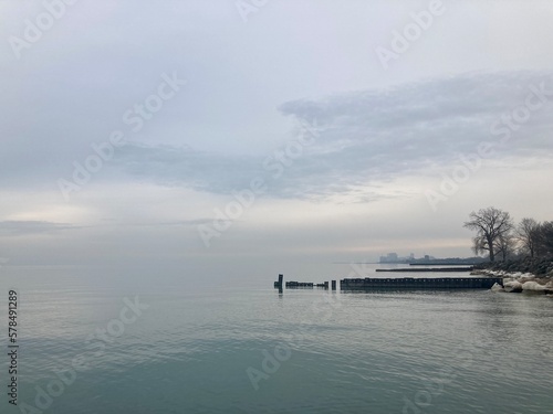 Peaceful gloomy morning on the lake