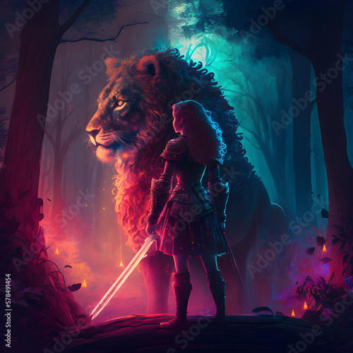 A girl and a lion meets a brave knight in a fairy tale pink
 photo