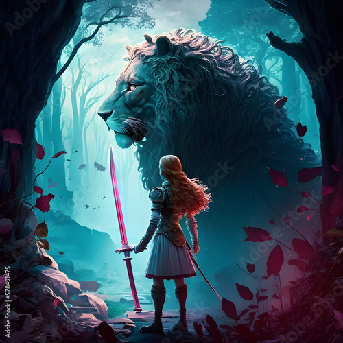 A brave girl and a lion meets a brave knight in a fairy tale
 photo