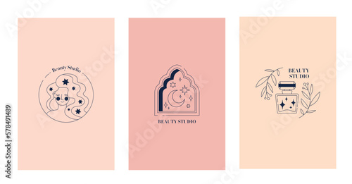 Boho logotype set. Collection of minimalistic posters or banners for website. Aesthetics and elegance. Mysticism and esotericism. Cartoon flat vector illustrations isolated on white background
