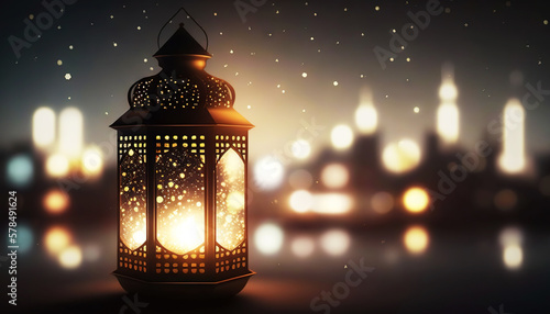 Glowing lantern on background with night arabian city. Ramadan Kareem concept. Generative AI