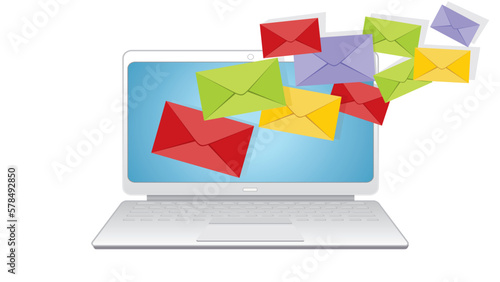 you've got Mail. Laptop with flying e-mail envelopes. Dimension 16:9. Isolated on white. Vector illustration.
 photo