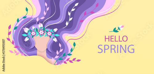 Fototapeta Naklejka Na Ścianę i Meble -  Hello spring paper cut banner. Stylized Womens portrait with wavy hair, woman face, flowers and leaves. Vector illustration.