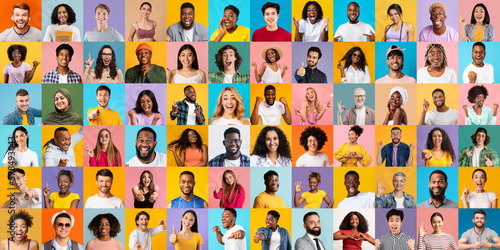 Collage With Optimistic Multicultural Men And Woman Posing Over Over Colorful Backgrounds
