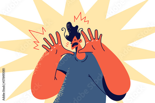 Terrified man make hand gesture